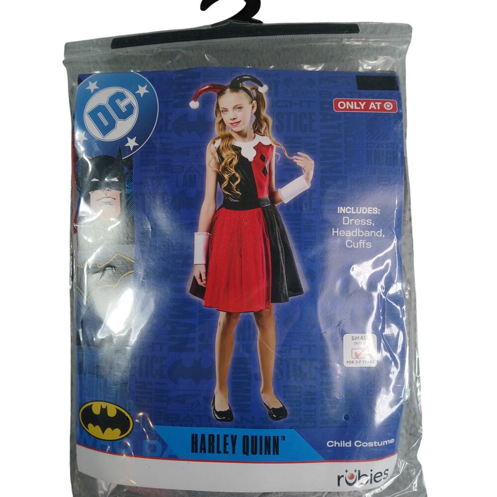 DC Harley Quinn Costume Girls Small (6) Batman Dress Headband Cuffs NWT